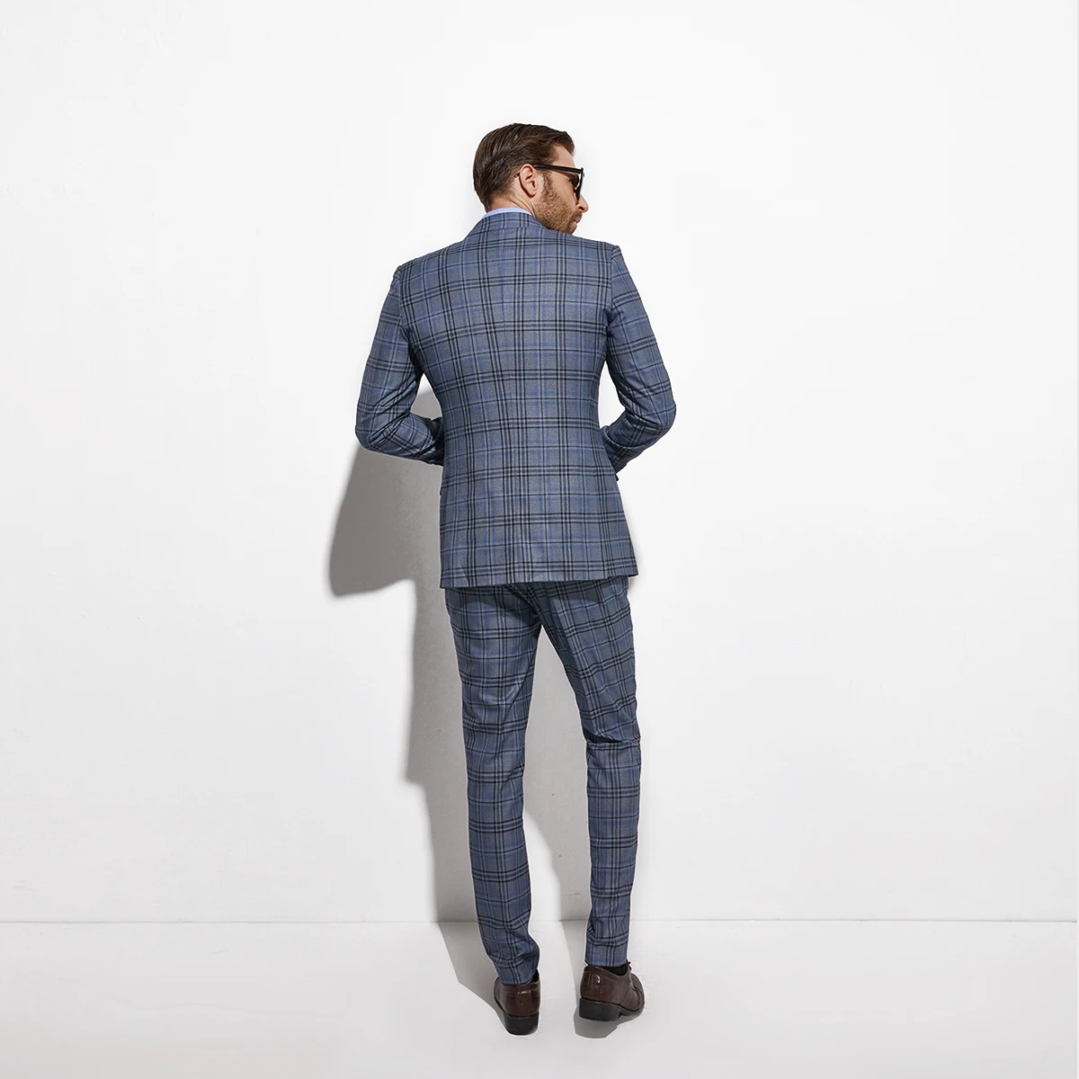 Costume Homme Slim Costumes Sur-mesure Tailor-made Suits Men Fashion Blue Gray Plaid Man Suit Custom Made Glen Plaid Suit Male