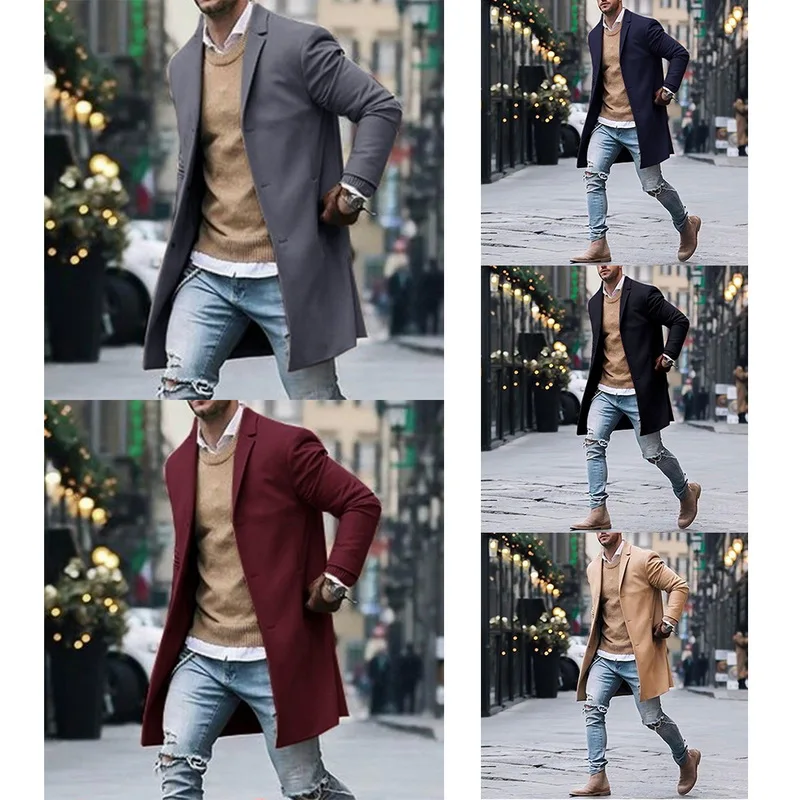 Перевозка груза падения Shujin Тренч Зимние Slim Fit бушлат зимние Новые однотонные простые мужские длинное шерстяное пальто