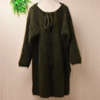 

Pull female korea slim dress mink cashmere knitted fuzzy angroa rabbit fur pullover women sweater ties back side slit jumper