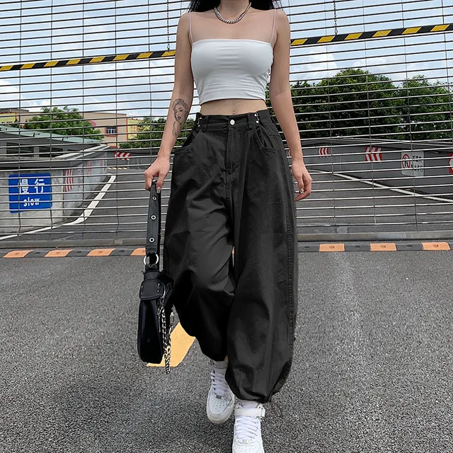 ALLNeon Y2K Fashion Khaki Oversized Cargo Pants Hip Hop Style Loosed Adjustable Waist Drawstring Long Pant Streetwear 90s Autumn black