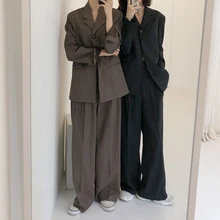 Женский Осенний полосатый комплект из 2 предметов, одежда с длинным рукавом, однобортное корейское пальто и высокая талия, широкие длинные штаны, костюм