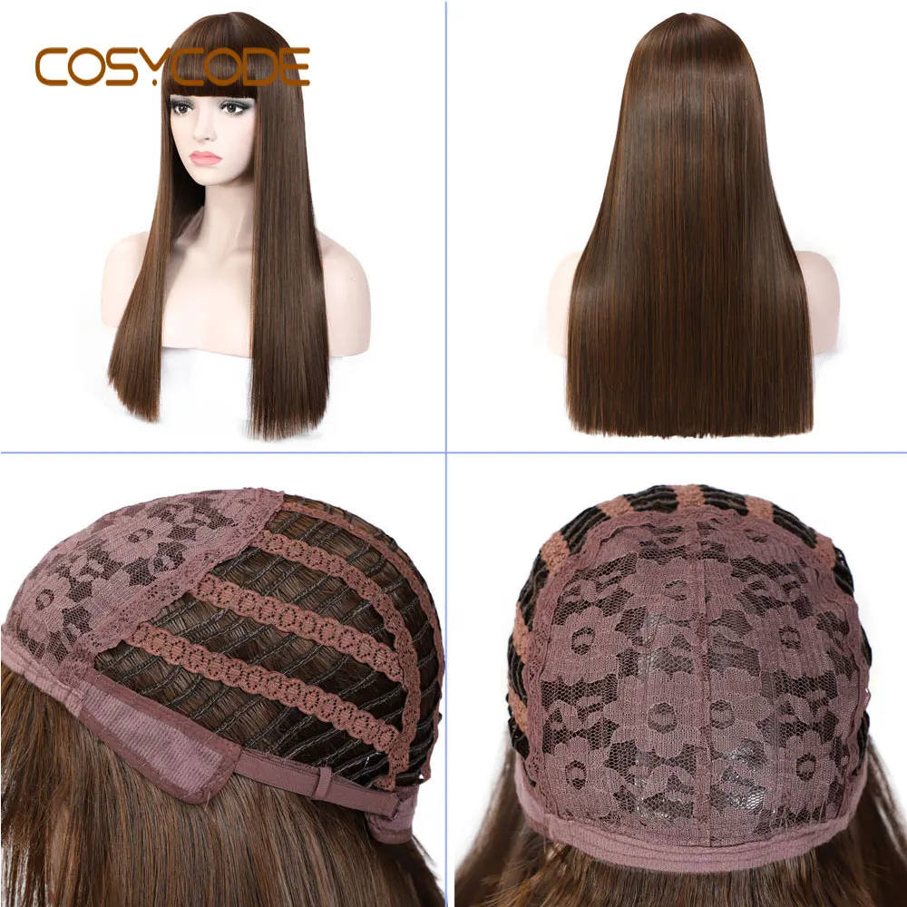 brown COSYCODE черный длинный прямой парик с челкой 22 дюйма 55 см косплей женские парики некружевной синтетический костюм парик - Цвет: brown