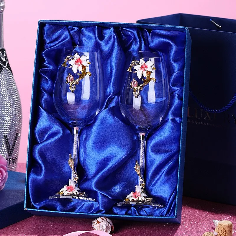 a pair With gift box Лилия Эмаль Кристалл чашка красное вино стекло высокого класса творческий комплект бокалов алмаз свадебный подарок Вечеринка день рождения банкет поставки - Color: a pair With gift box
