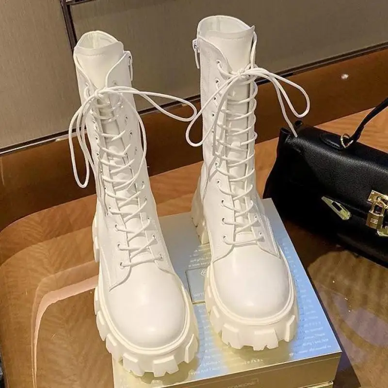 Botas Punk de talla grande para mujer, botines de cuero de tacón grueso con punta redonda, pantalones cortos para motocicleta