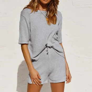 

Women 2Pcs Sets Casual Knit Outfits Short Sleeve Pullovers T-shirt Round Neck Tops with High Waist Shorts Sets Casual Clothes