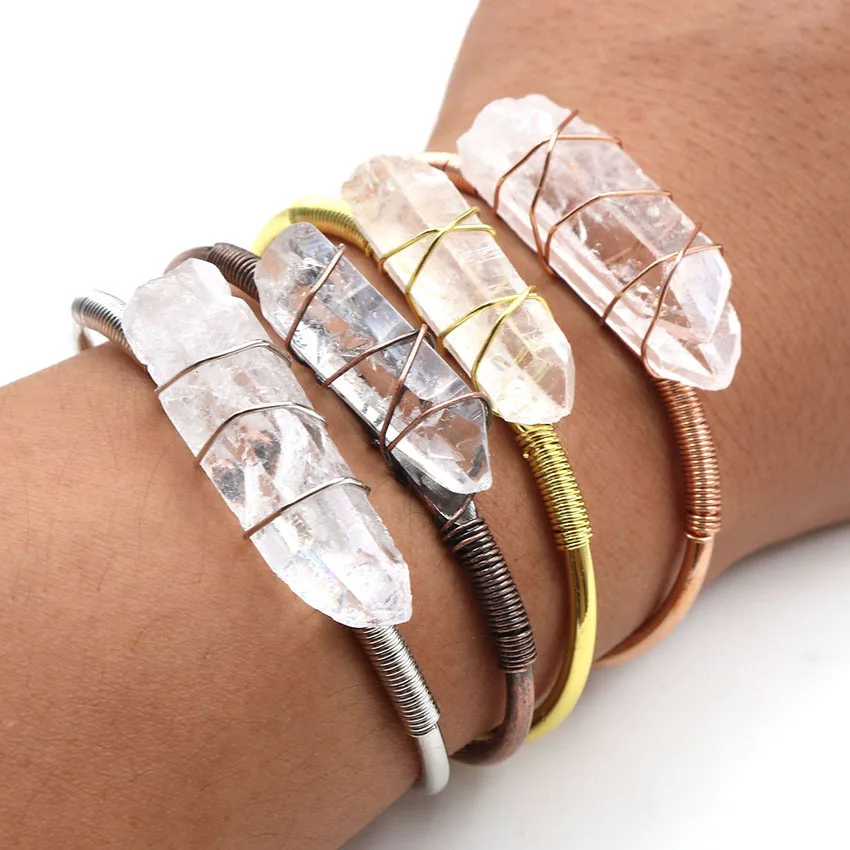 Wire wrap необработанный минеральный кристалл камень Браслеты Натуральный Камень прозрачный кварц браслеты открытые манжеты медные браслеты женские ювелирные изделия