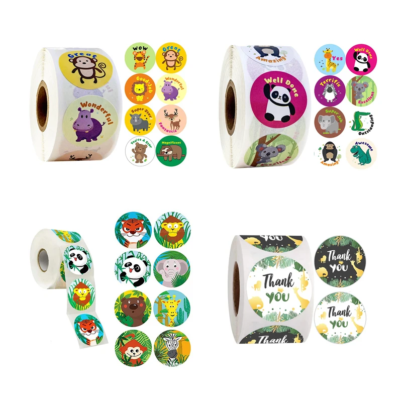 

1Roll Animal Series Paper Stickers Round Cartoon Sticker Gift Tags Jungle Safari Party Supplies DIY Biscuit Bag Decoration