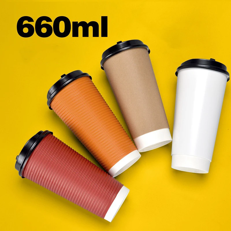 

660ml Anti Scalding Corrugated Double Layer Coffee Cup Disposable Paper Cup Milk Tea Cup Packaging Hot Drink Cup with Cover