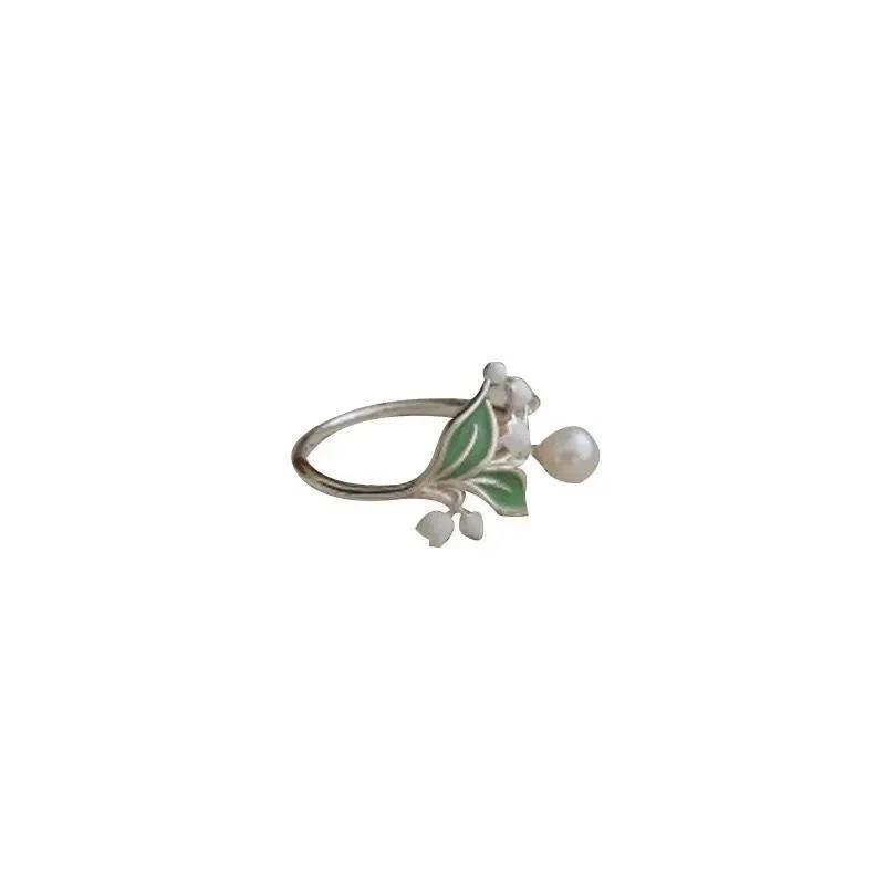 Lily of the valley element silver inlaid pearl enamel porcelain ladies ring