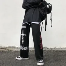 FAKUNTN Punk Hippie Wide Leg Pants Women Gothic Harajuku Streetwear Anime Street Style Mall Goth Black Print Trousers Hip Hop