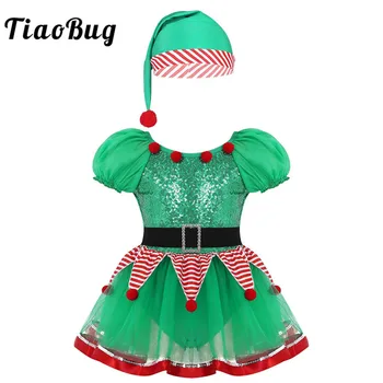 

TiaoBug Kids Girls Christmas Costume Dancewear Stage Performance Outfit Puff Sleeves Sequined Mesh Tutu Dress Leotard with Hat