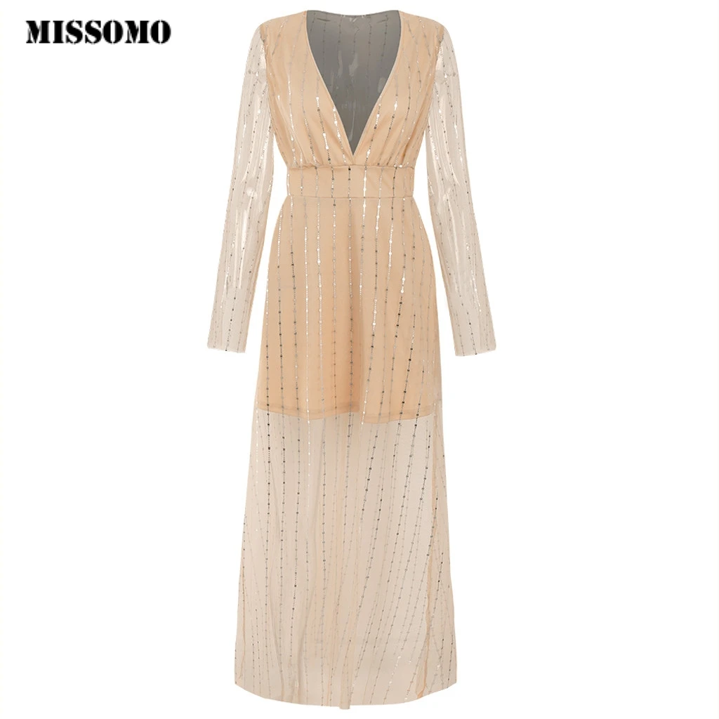 MISSOMO Maxi dress woman Dresses woman party night Sexy V-neck Long Sleeve Stripe Perspective Patchwork long Dresses vestidos 94