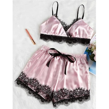 

Pink Womens Pajamas Set Color Block Scalloped Eyelash Lace Spaghetti Strap Crop Cami Top and Short Pajama Set