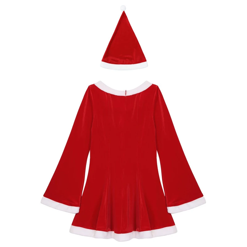 2 шт., женский костюм Mrs Santa Coslplay, рождественское нарядное платье, наряд с круглым вырезом и длинным Расклешенным рукавом, белое Фланелевое приталенное платье, шляпа
