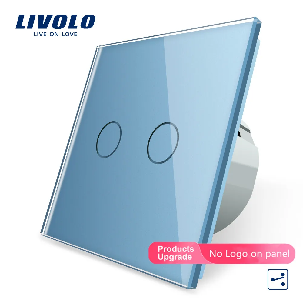 Blue-No logo Livolo ЕС Стандартный сенсорный выключатель, 2 банды 2Way управления, 7 цветов Хрустальная стеклянная панель, настенный светильник переключатель, 220-250 В, C702S-1/2/3/5 - Цвет: Blue-No logo