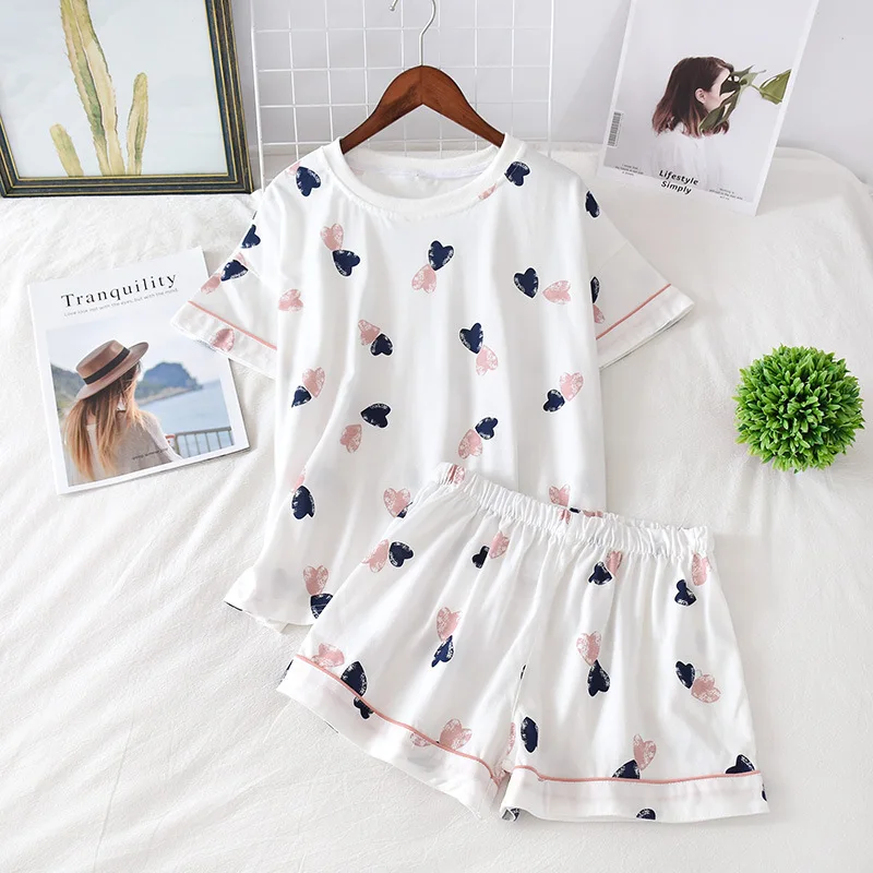 FREE SHIPPING Women Heart Print Pajamas Cotton Sleepwear Suit JKP4805