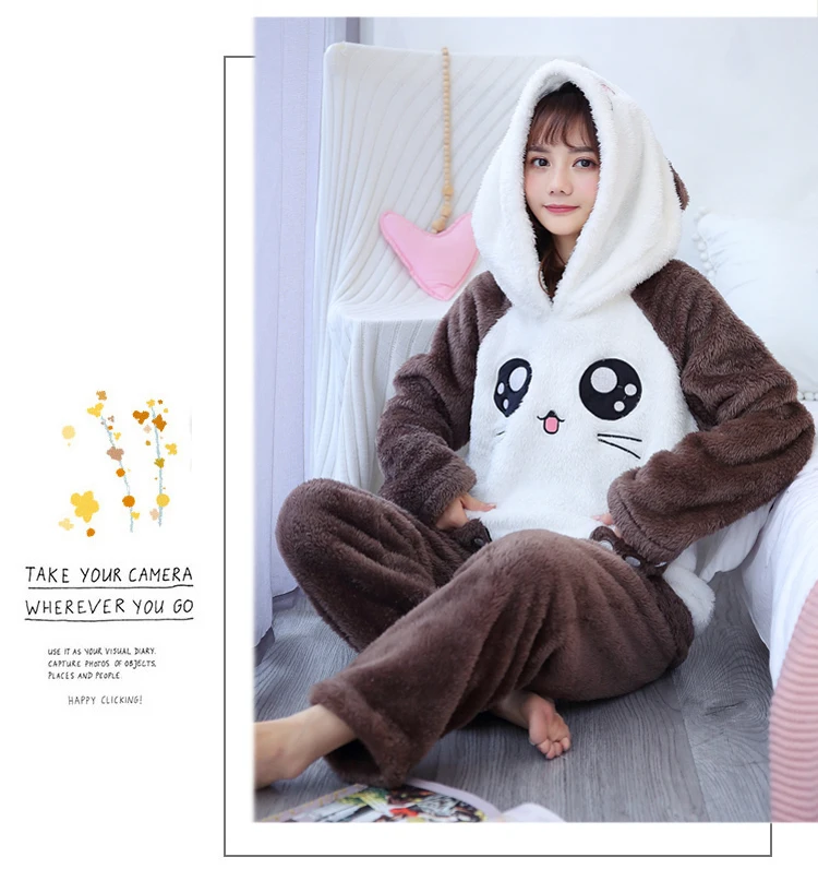 Зимние пижамы для женщин и девочек, пижамный комплект, одежда для сна, костюм из плотного теплого бархата кораллового цвета, фланелевая женская пижама с капюшоном и рисунком животных