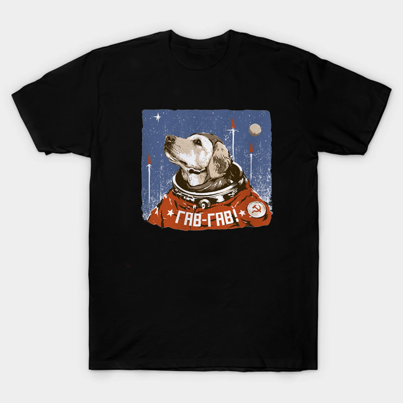 

USSR CCCP Soviet Union Russia Space Flight Yuri Gagarin Spaceship Dog T-Shirt. Summer Cotton Short Sleeve O-Neck Men's T Shirt