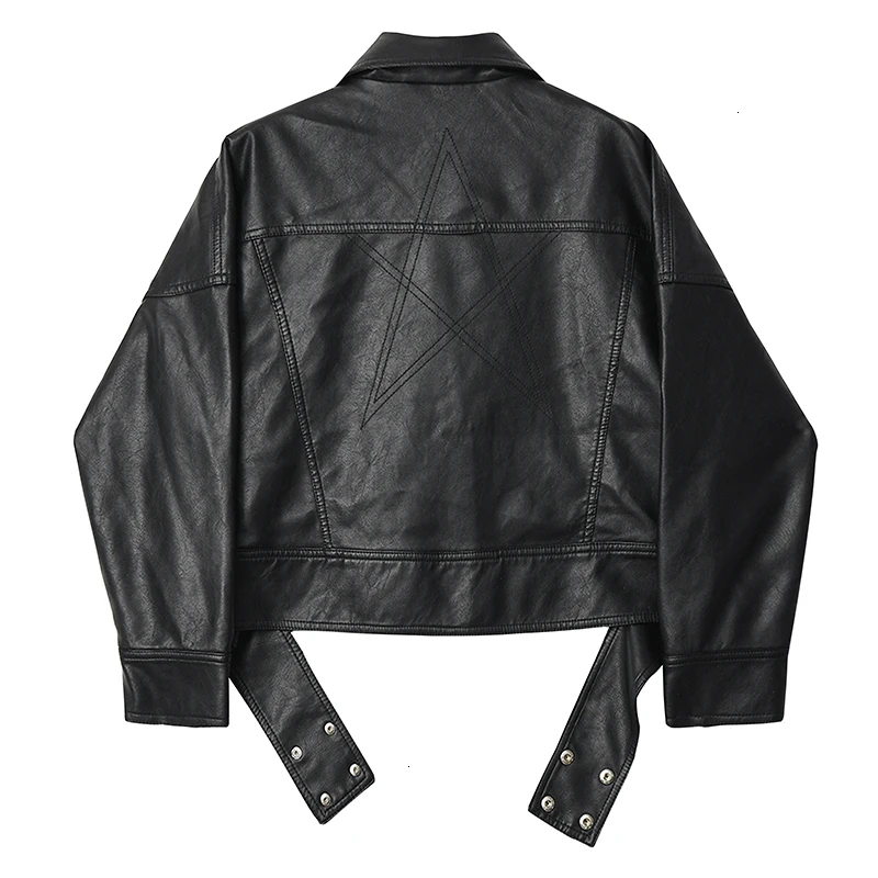 [EAM] Свободная черная короткая куртка из искусственной кожи большого размера, новинка, Женское пальто с отворотом и длинным рукавом, модное осенне-зимнее пальто 1H459