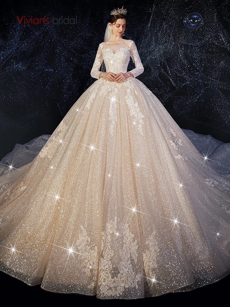 

Vivian's Bridal Luxury Twinkling Wedding Gown Elegant Illusion Long Sleeve Lace Appliques Chapel Train Shiny Bridal Ball Gown