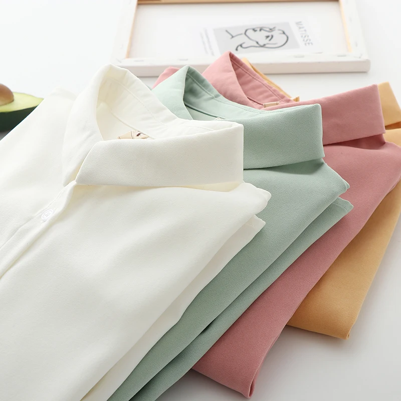 

Candy color turn down collar long sleeve shirt chiffon blouse 2020 spring