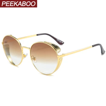 

Peekaboo gold round sun glasses women retro 2021 metal frame shield sunglasses for men uv400 brown gradient lens summer style