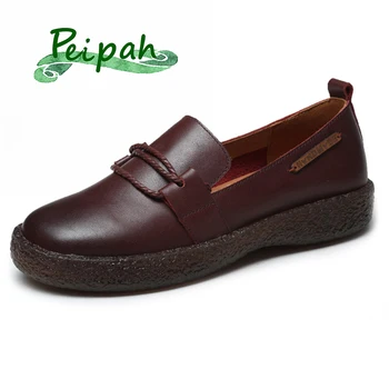 

PEIPAH Handmade Woman Shoes Genuine Leather Loafers Autumn Retro Women Flats Casual Slip On Female Boat Shoes Moccasins Flats