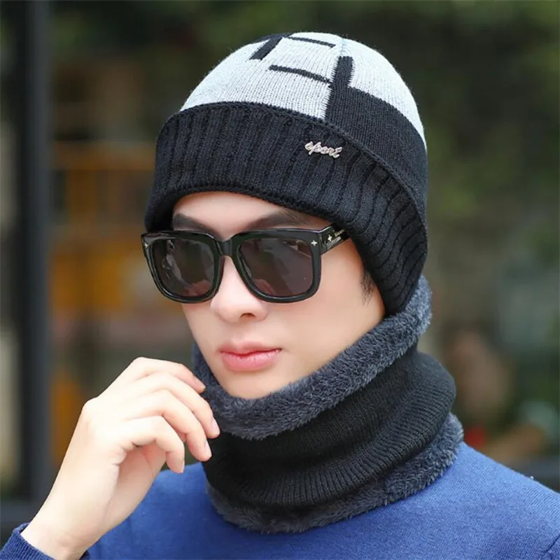 Men Winter Hat And Scarf Man Warm Knitted Plush Hat 2 Pcs Set Male Patchwork Beanies Cap With Ring Scarves Adult Accessorie