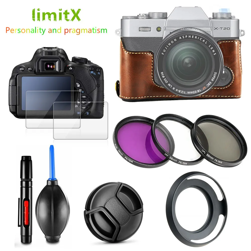 Защитный комплект протектор экрана камеры из искусственной кожи чехол UV CPL FLD фильтр бленда объектива для Fujifilm X-T30 XT30 камера с 15-45 мм объективом - Цвет: coffee kit