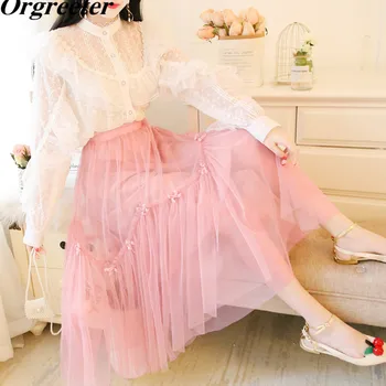 

Sweet 2 piece Gauze Skirt Set Bow Patchwork A-line Mesh Skirt 2020 Spring Lace Polka dot Ruffles Blouse Tops Suits
