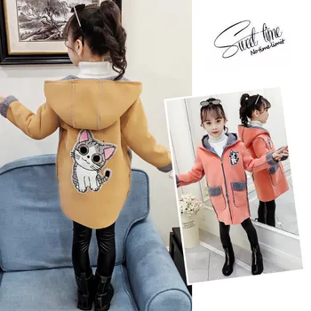 

INS HOT Baby girls' fall/winter outfits 3-11 years old Suede composite lamb wool fashion warm windbreaker Cartoon sticker cat