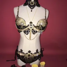 Блестящие золотые стразы, бисер, бюстгальтер, короткий комплект одежды для ночного клуба, певица, одежда для шоу, наряд с бикини, Женский комплект для дня рождения