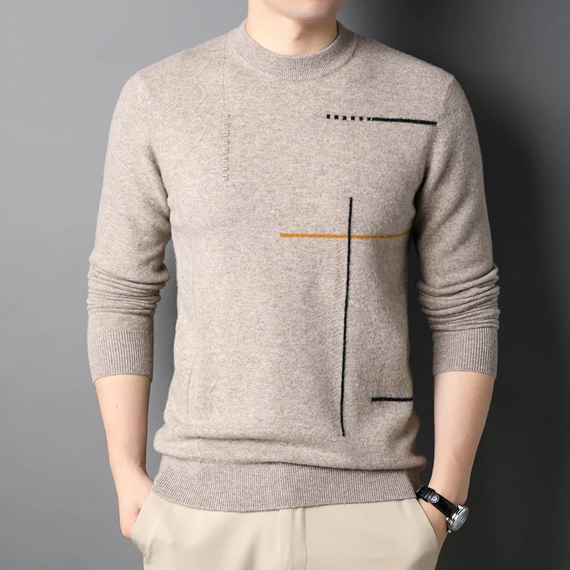 thumbnail image 1 of 2021, recién llegados, suéter de lana elástica de color sólido ajustado e informal a la moda para hombre, jersey de punto de cuello alto de marca para hombre, camisa de fondo, 1 of 4
