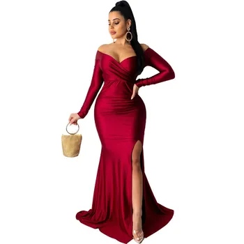 

Spring Maxi Dress Elegant Women Mermaid Night Gown Party Dresses Wrap V Neck Off Shoulder Dress Long Sleeve High Slit Long Dress