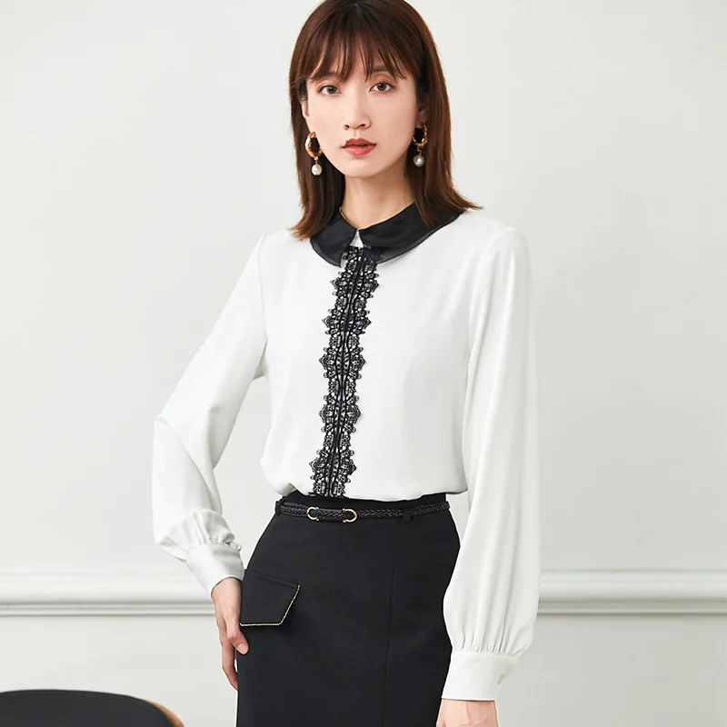 

2020 Autumn Lace Stitching White Long-sleeved Chiffon Women Blouses