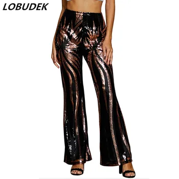 

European Casual Wide Leg Pants Sequined Trousers Women's 2020 Autumn New performance Party Sequins High Waist Slim Flared Pants