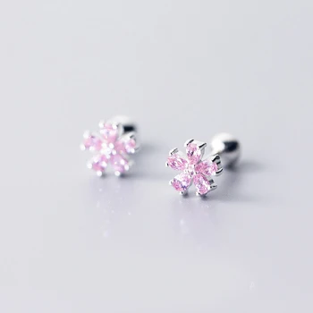 

MloveAcc Authentic 100% 925 Sterling Silver Pink CZ Peach Blossom Flower Stud Earrings Wedding Party Earrings Jewelry Bijoux
