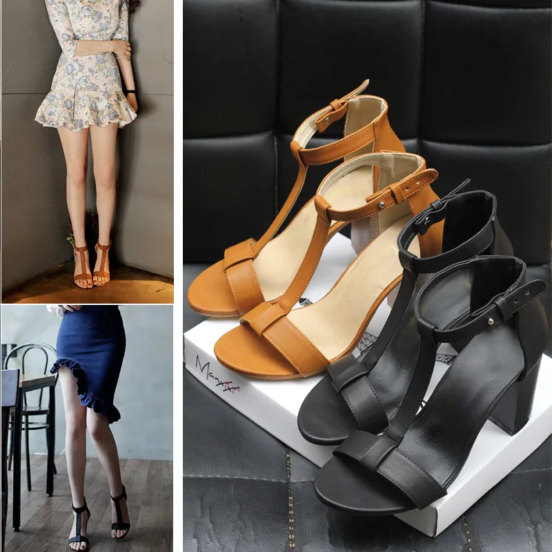 

2017 Summer New Style A- line High-heeled Sandals Female Black Chunky-Heel-Semi-high Heeled Bandage Cloth T-Shape Rome WOMEN'S S