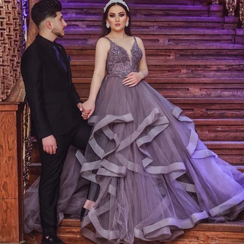 

2020 Dusty Lavender Beaded Lace Bodice with Cascading Ruffles Skirt Floor Length Prom Party Gown Quinceanera Dress