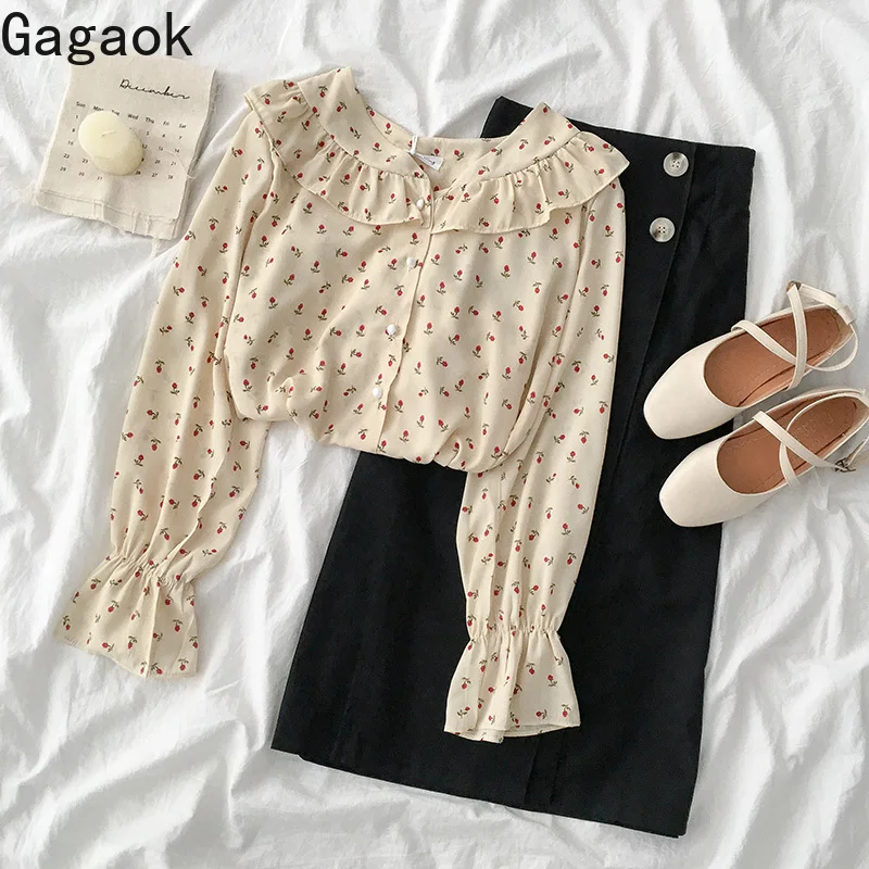 

Gagaok Women Streetwear Blouse Spring Autumn New Peter Pan Collar Flare Sleeve Floral Button Casual Wild Chic Fashion Shirts