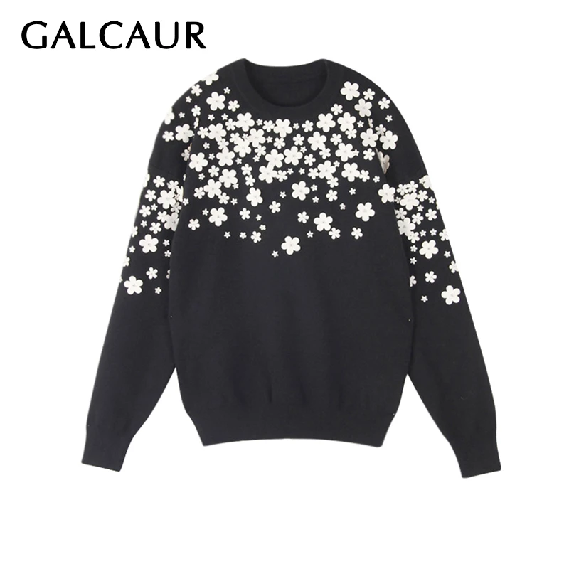 

GALCAUR Autumn Casual Heavy Appliques Patchwork Women Sweater O Neck Long Sleeve Female Pullover 2019 Korean Fashion Clothing