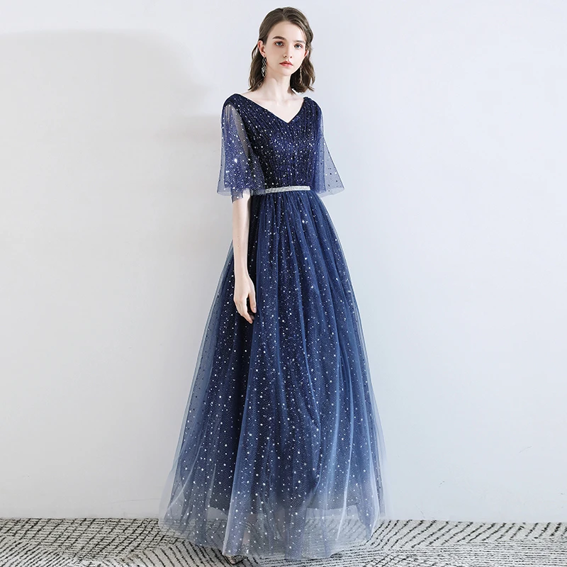 SSYFashion, новинка, темно-синее вечернее платье, простое, элегантное, v-образный вырез, длина до пола, блестящее, длинное, официальное платье, Vestido De Noche