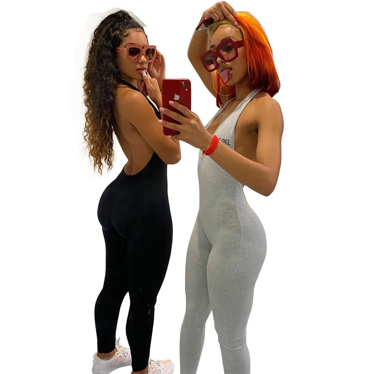 Blackless Women Halter Slim Jumpsuit Wout Out Skinny Fitness Rompers V-neck Letters Embroidery Sleeveless Elastic Summer Outwear