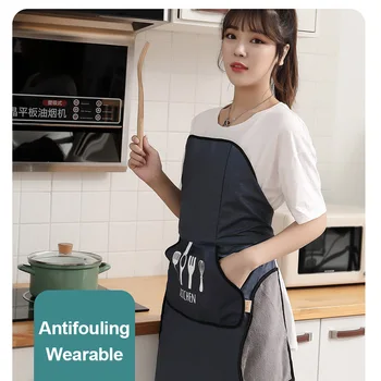 

Tie-free Automatic Apron Waterproof Oilproof And Dustproof Cotton Linen Home Cooking Baking Waist Bib Pocket Apron Cleaning Tool