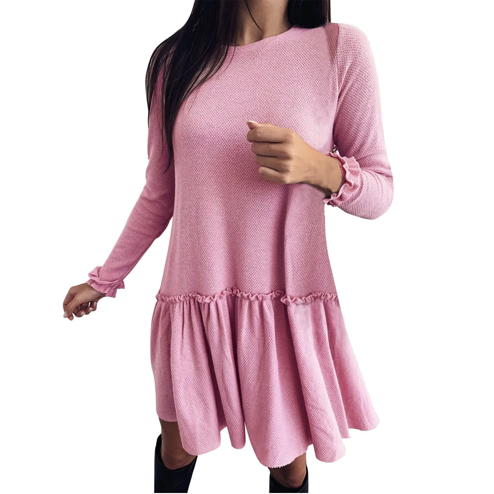 New Autumn Spring Ruffles hem Dress Female O Neck Long Sleeve Loose Pullover Dress Women Casual Pink Grey A Line Mini Dresses