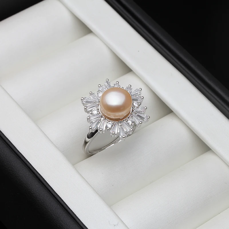 Real 925 Sterling Silver Ring With Pearls Woman,Trend Adjustable Natural Freshwater Pearl Ring Wife Mother Birthday Gift Black