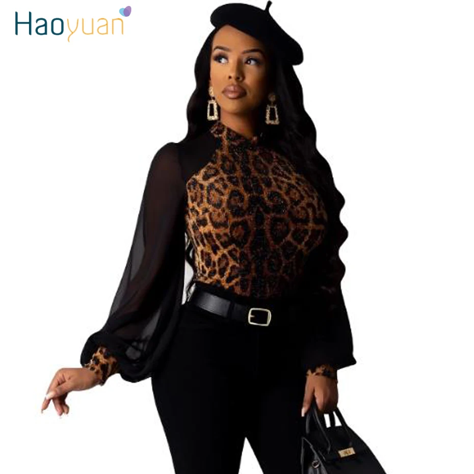 

HAOYUAN Chiffon Long Sleeve Velvet T Shirt Women Spring Rave Clothing Sexy Graphic Tee Shirt Femme Fashion Leopard Aesthetic Top