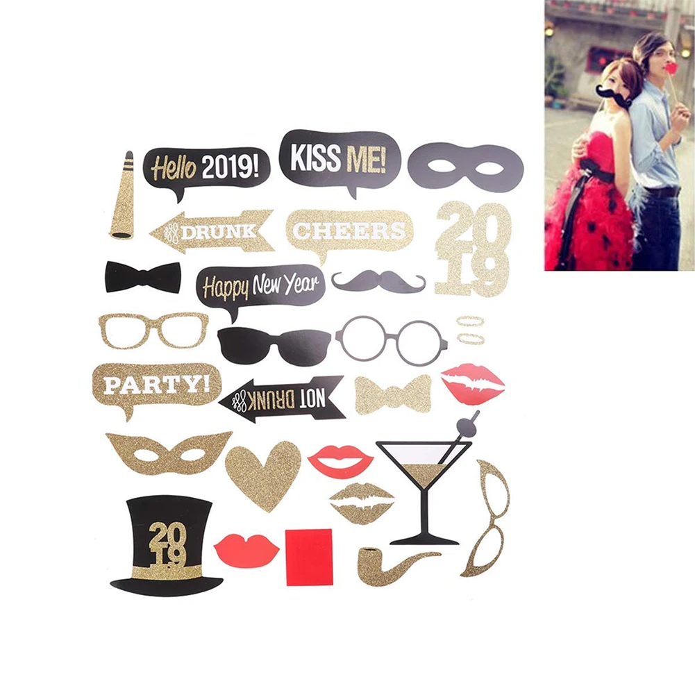 26pcs Decoration Handhold DIY Glitter Bamboo Stick Mask Photo Prop Cardstock New Year Eve Party Supplies