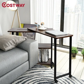 

360 Free Rotating Function Sofa Side Table with Storage Shelves Wheels Multifunction L-shaped Design Bedroom Living Room Table