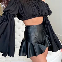 Женская мини-юбка из искусственной кожи с высокой талией из искусственной кожи, модные сексуальные Облегающие юбки с оборками, женские весенне-осенние черные женские юбки